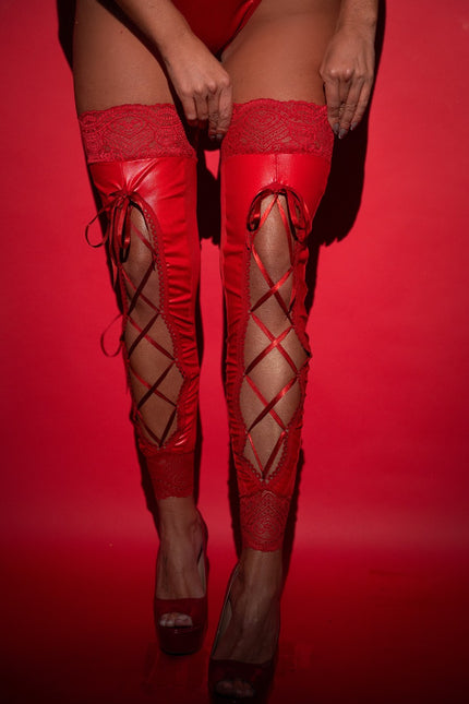 Dominatrix Lace & Faux Leather Footless Stockings